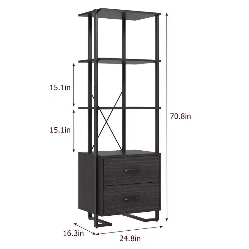 Libreria a 3 ripiani con 2 cassetti portaoggetti e ripiani a giorno, alta 180 cm, struttura in metallo